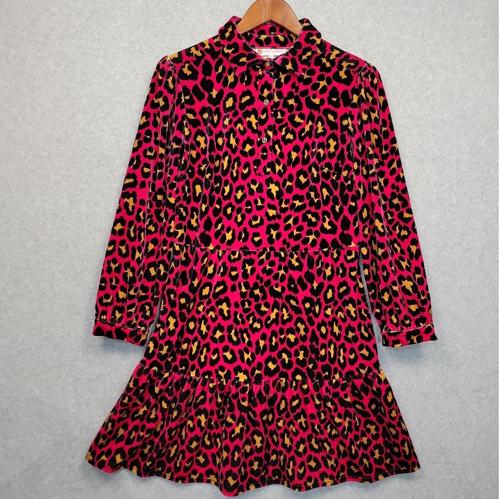 Jude Connally Pink Leopard Velour Print Long Sleeve Tiered Mini Dress Sz Small